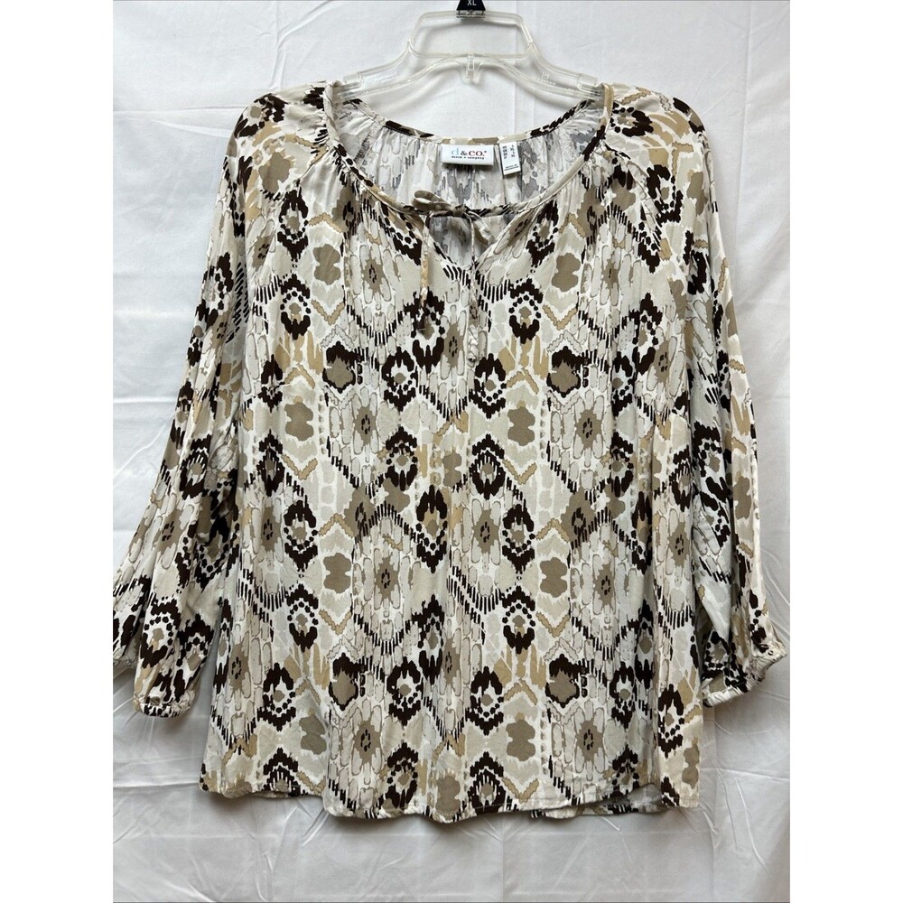 Denim & Co. Printed Peasant Blouse with Shirring Detail Stone Khaki Sz L Country